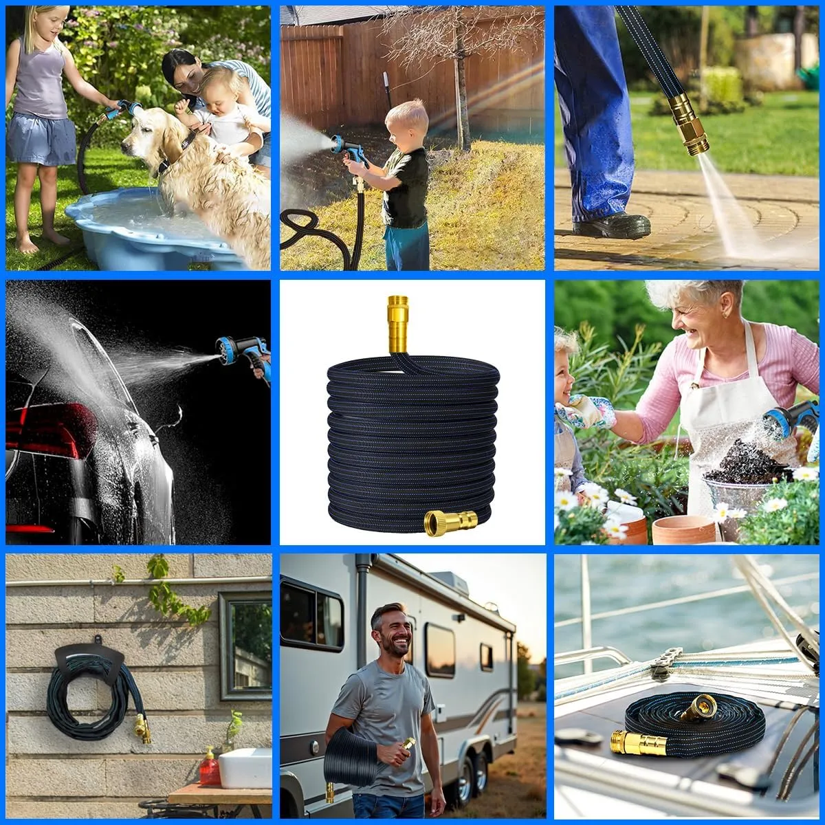 10FT Lightweight Garden Hose,Flexible Water Hose with Solid Brass Head,Kink-Free,Collapsible Hose,High Pressure Flat Water Hose for RV,Boat,Car Wash,Garden,Yard,Camper,Outdoor (BlueBlack, 10 feet)