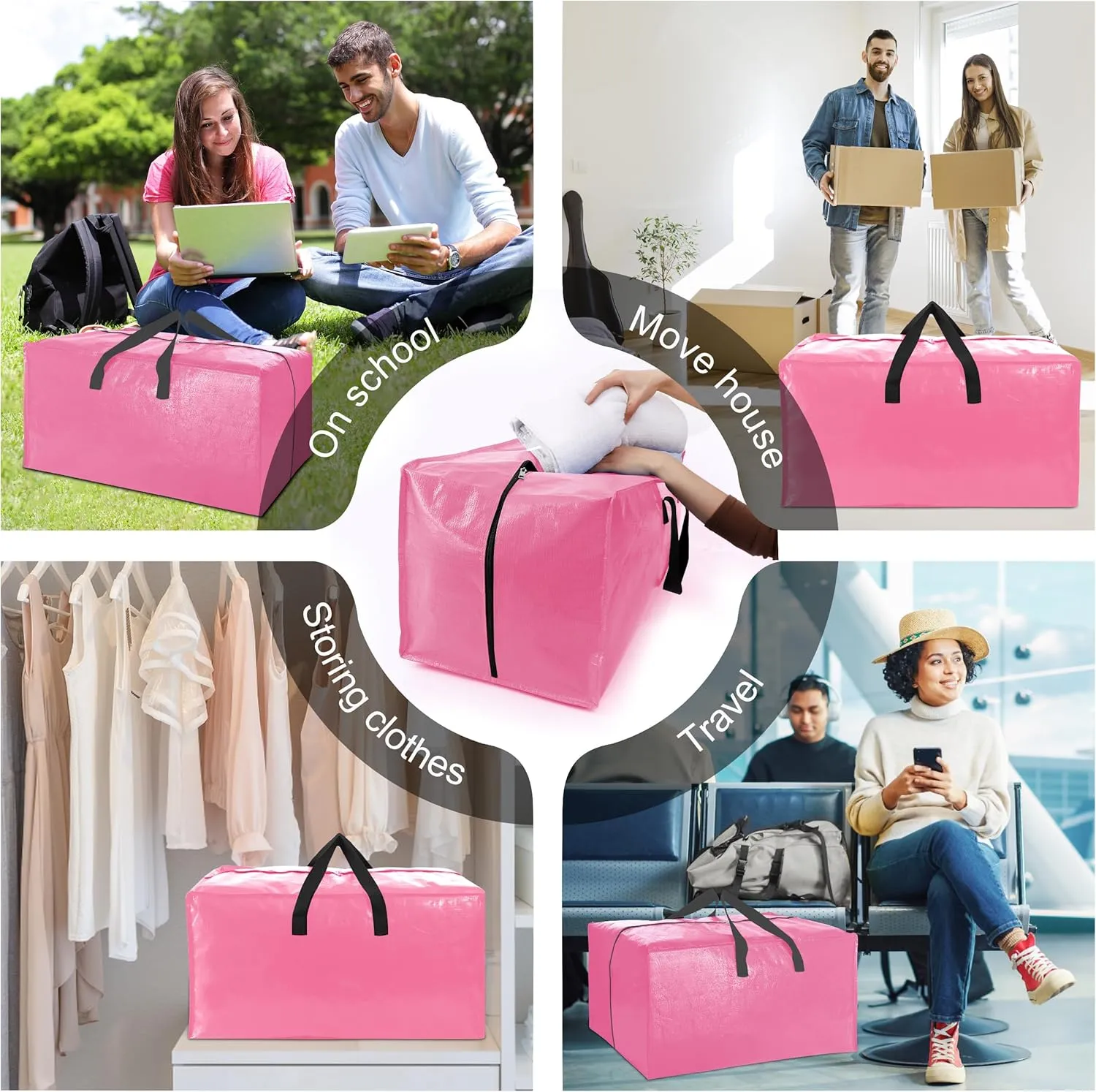 12 Pack Heavy Duty Large Moving Bags W/Backpack Straps - Strong Handles & Zippers, Storage Totes For Space Saving, Fold Flat, Alternative to Moving Box and Storage Bin, Pink