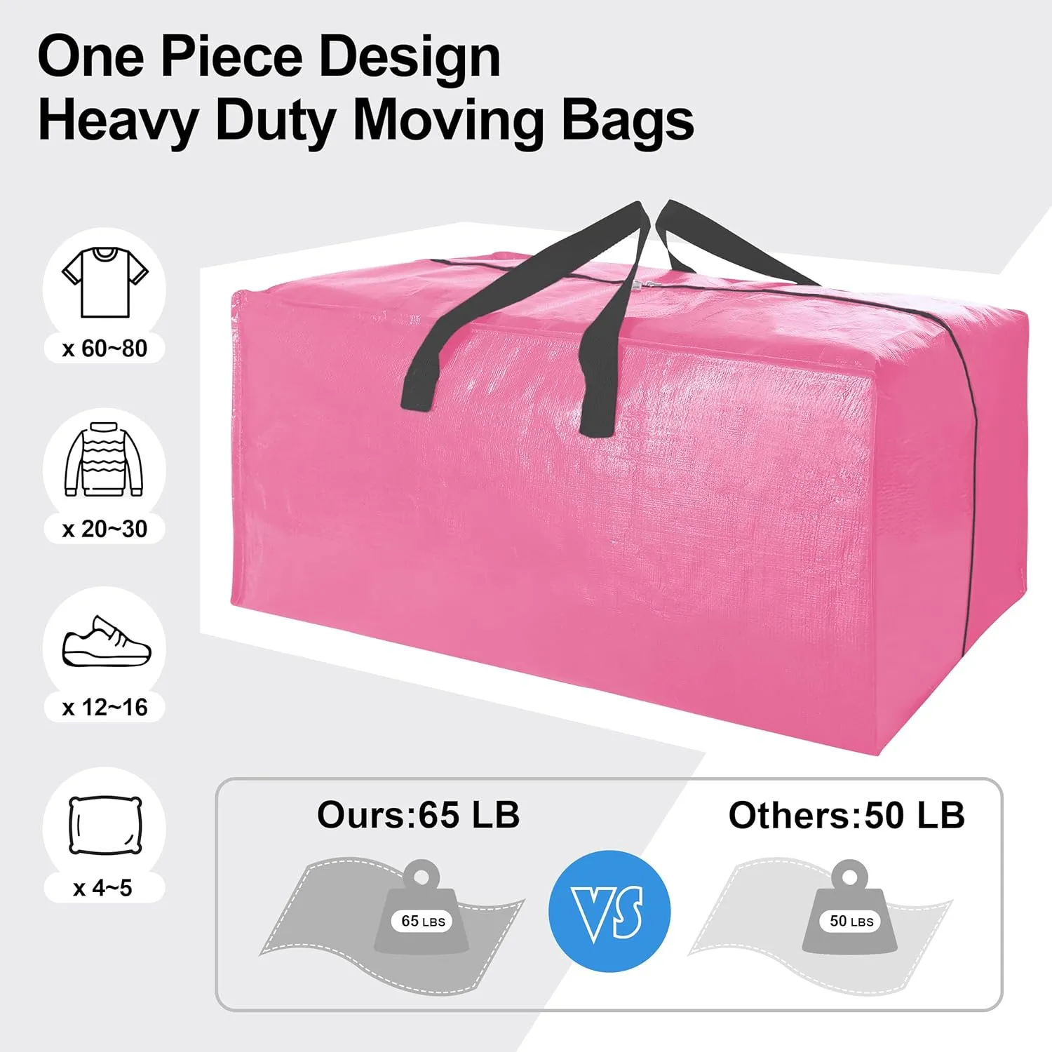 12 Pack Heavy Duty Large Moving Bags W/Backpack Straps - Strong Handles & Zippers, Storage Totes For Space Saving, Fold Flat, Alternative to Moving Box and Storage Bin, Pink