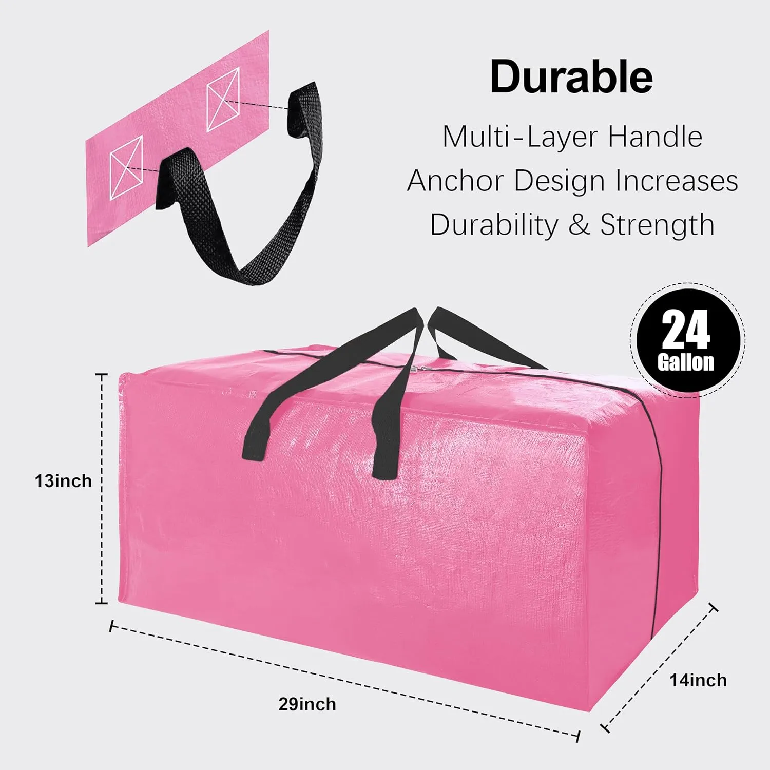 12 Pack Heavy Duty Large Moving Bags W/Backpack Straps - Strong Handles & Zippers, Storage Totes For Space Saving, Fold Flat, Alternative to Moving Box and Storage Bin, Pink