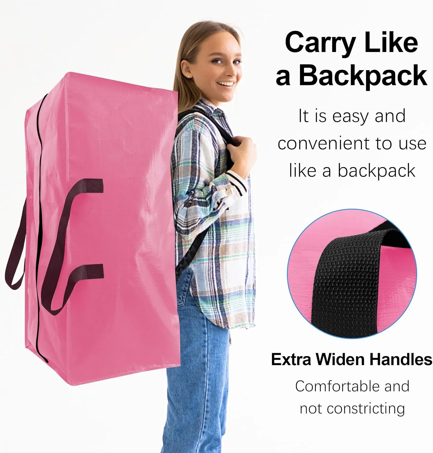 12 Pack Heavy Duty Large Moving Bags W/Backpack Straps - Strong Handles & Zippers, Storage Totes For Space Saving, Fold Flat, Alternative to Moving Box and Storage Bin, Pink
