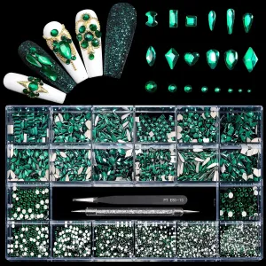 12 Types of Green 600 Diamonds   2500 Flat Rhinestones Mix 20 Styles Flatback DIY Crafts Rhinestone Crystals 3D Decorations Flat Back Stones Set  Tweezers   Drill Pen