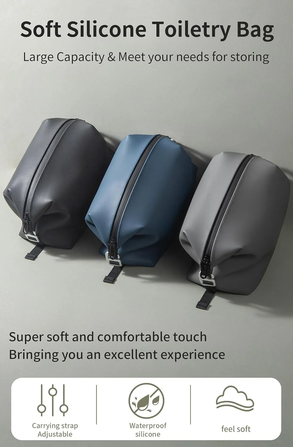 13" 6L Large Silicone Dopp Kit,Waterproof Leakproof Toiletry Bag,Foldable Travel Makeup Case for Mens Womens,Grey