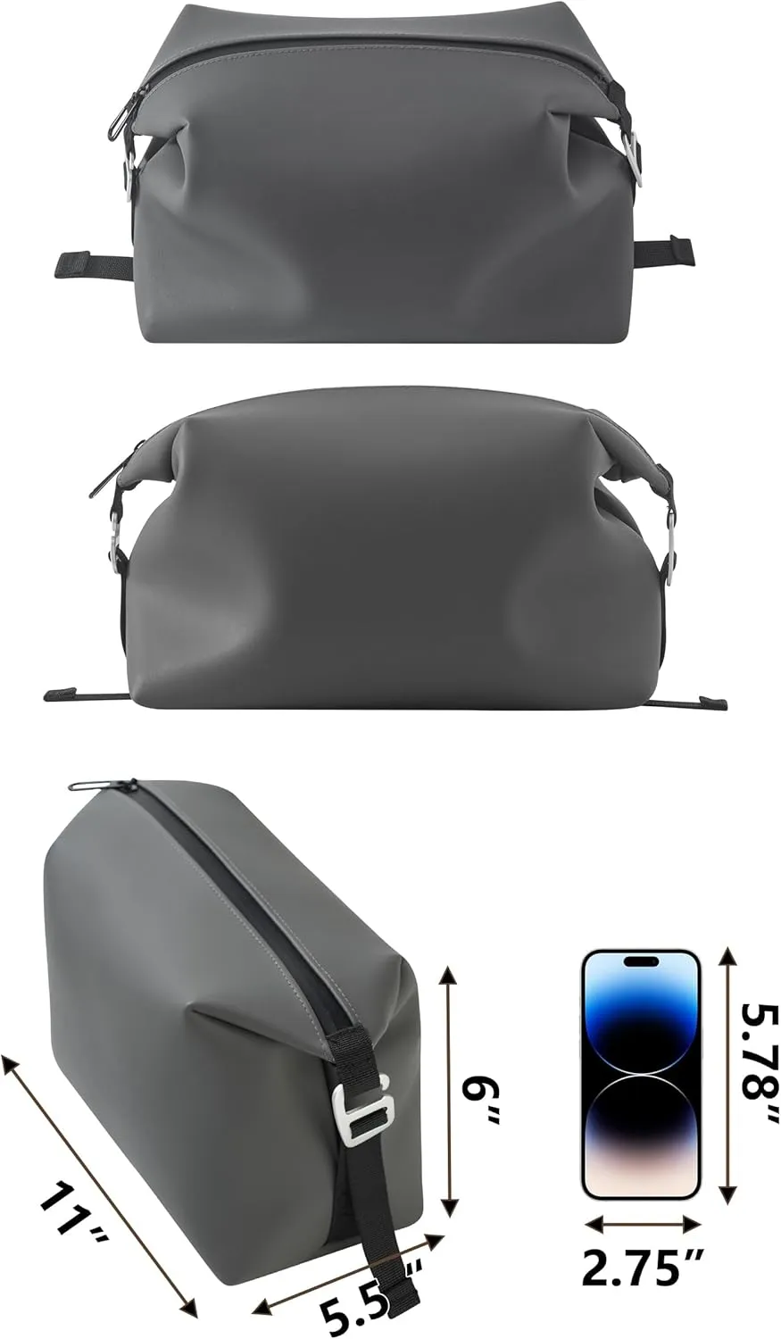 13" 6L Large Silicone Dopp Kit,Waterproof Leakproof Toiletry Bag,Foldable Travel Makeup Case for Mens Womens,Grey