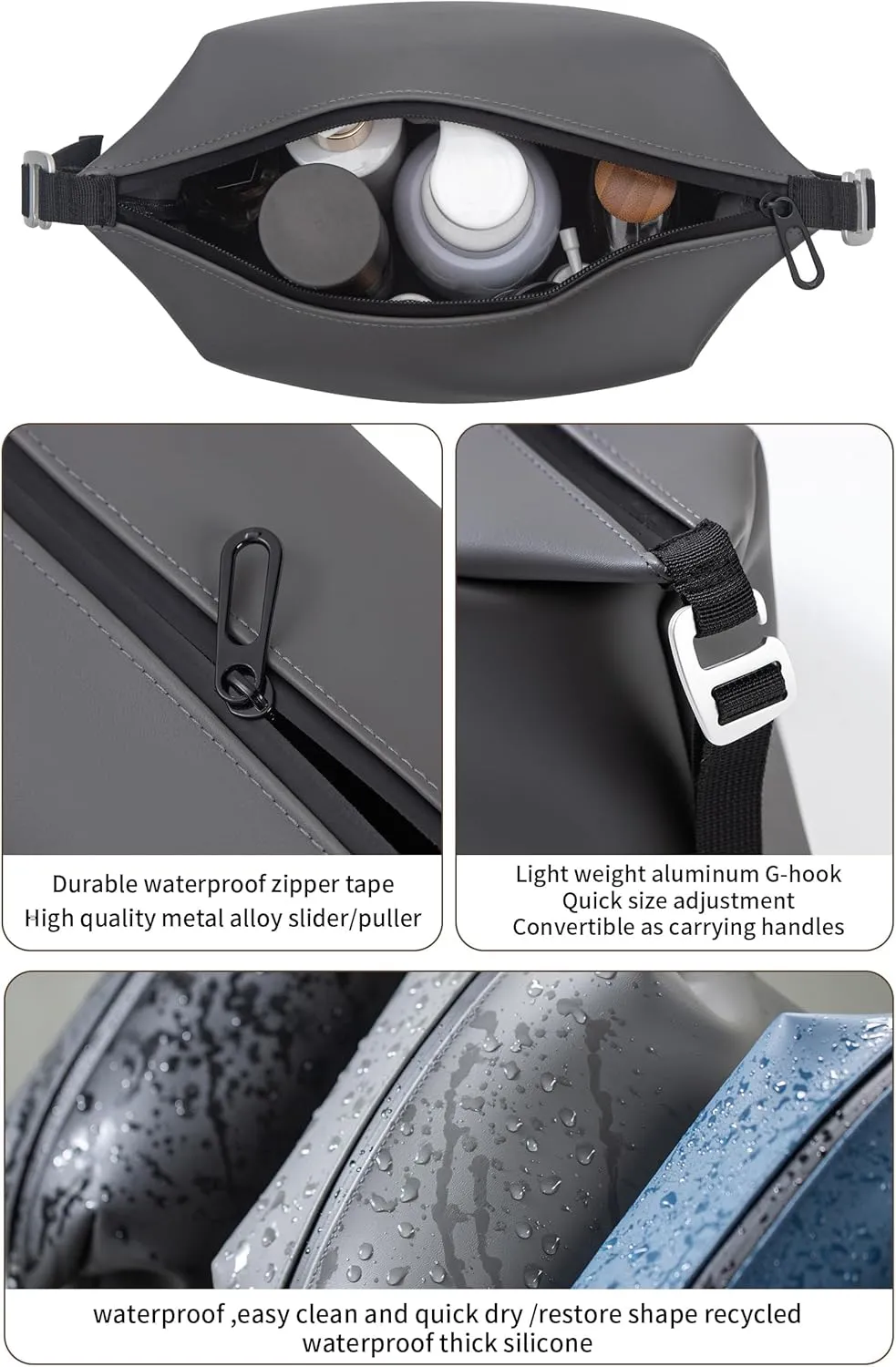 13" 6L Large Silicone Dopp Kit,Waterproof Leakproof Toiletry Bag,Foldable Travel Makeup Case for Mens Womens,Grey