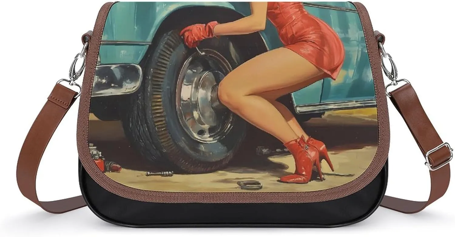 1950s Vintage Pin-up Fixing Flat Tire Fashion Crossbody Bags for Women Lightweight Shoulder Handbags Travel Purse with Strap Custom Gifts
