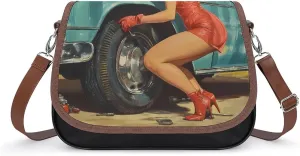 1950s Vintage Pin-up Fixing Flat Tire Fashion Crossbody Bags for Women Lightweight Shoulder Handbags Travel Purse with Strap Custom Gifts