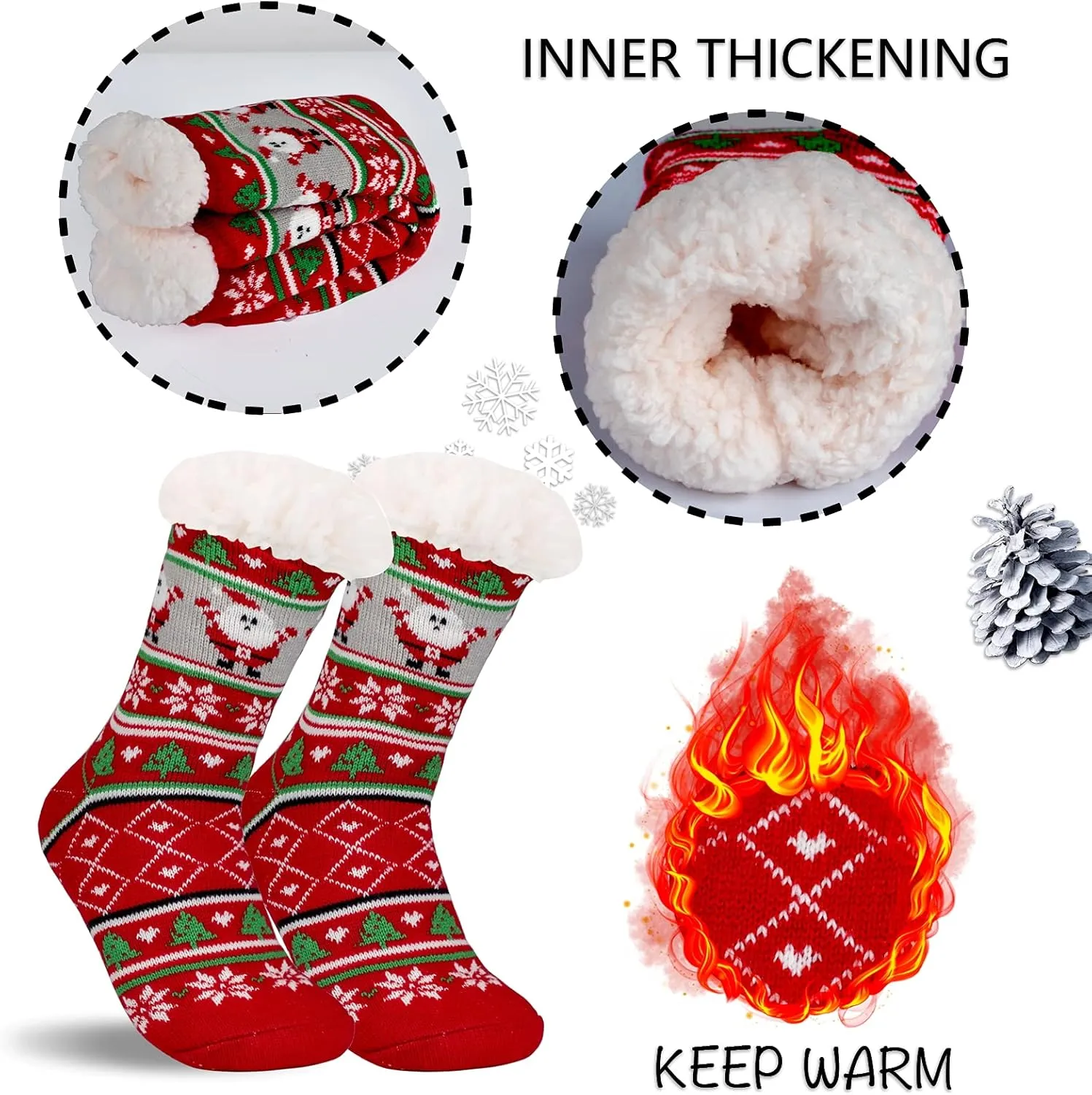 3 Pairs Fuzzy Slipper Socks for Women Men, Winter Warm Soft Fleece Lined Non Skid