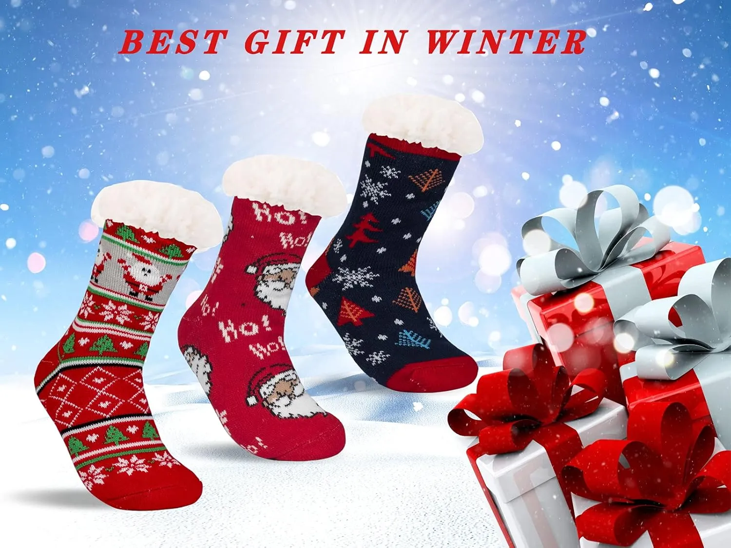 3 Pairs Fuzzy Slipper Socks for Women Men, Winter Warm Soft Fleece Lined Non Skid