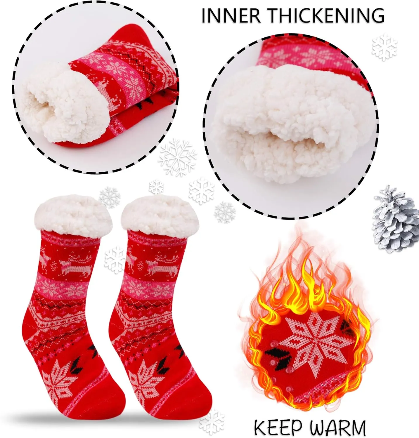 3 Pairs Fuzzy Slipper Socks for Women Men, Winter Warm Soft Fleece Lined Non Skid