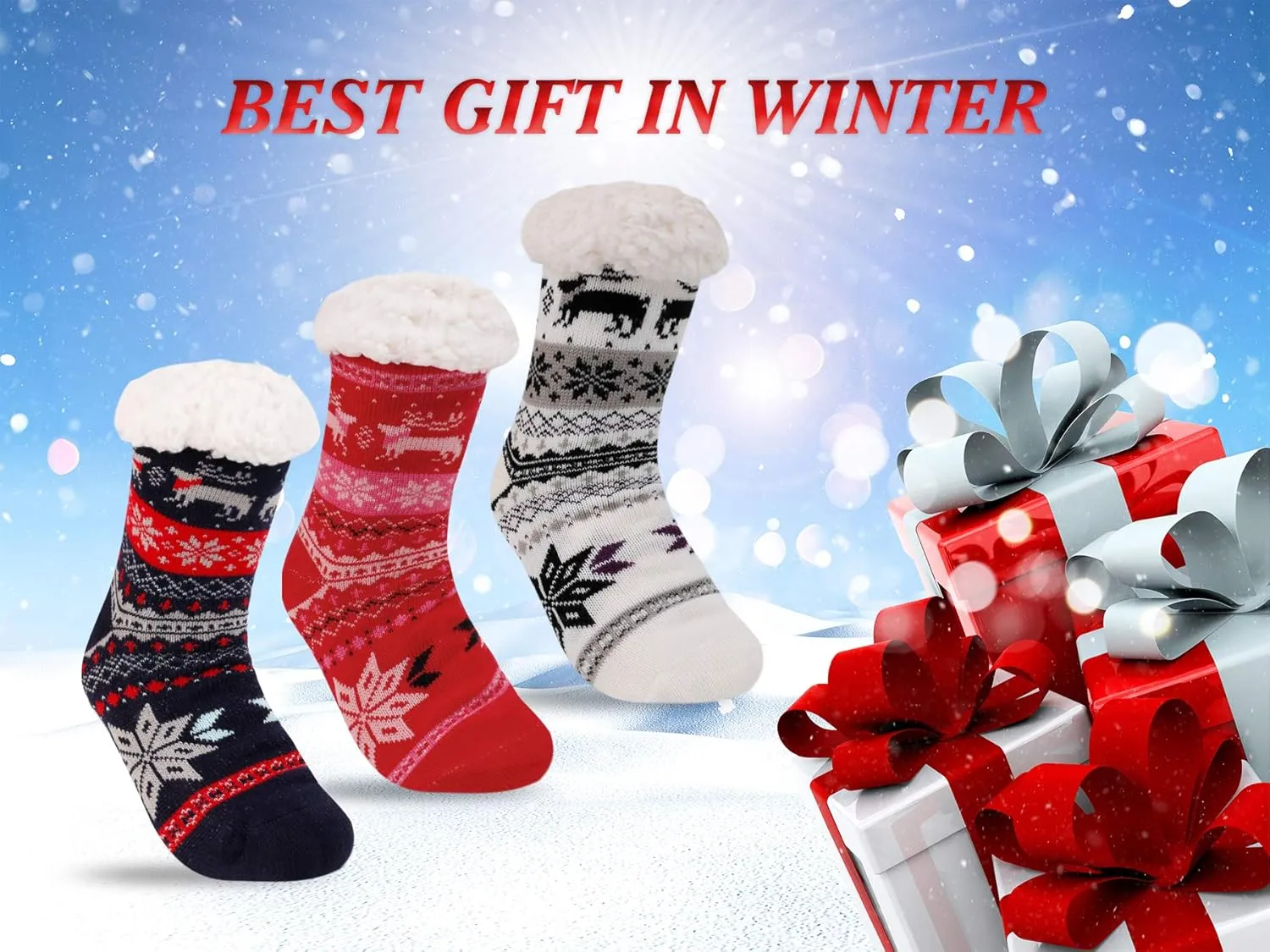 3 Pairs Fuzzy Slipper Socks for Women Men, Winter Warm Soft Fleece Lined Non Skid