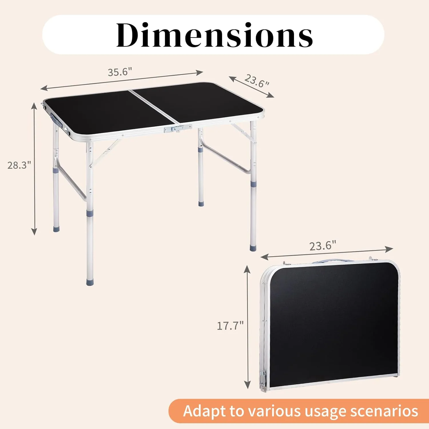 3FT Aluminum Folding Camping Table – Portable Lightweight Outdoor Picnic Table, Black, Collapsible for BBQ, Tailgate, RV, Patio, Beach (Black)