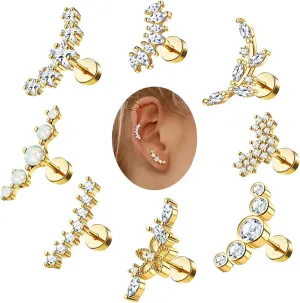 8Pcs 16G Cartilage Earring Stainless Steel Star Flower Opal CZ Helix Earrings Flat Back Cartilage Helix Conch Piercing Jewelry for Women