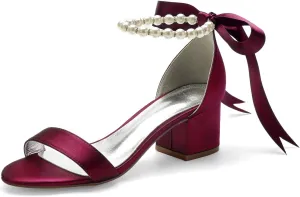 ADMLZQQ High Block Heel Wedding Sandals for Bride Ankle Strap Pearl Satin Women Heeled Sandal Open Toe Bridal Shoes
