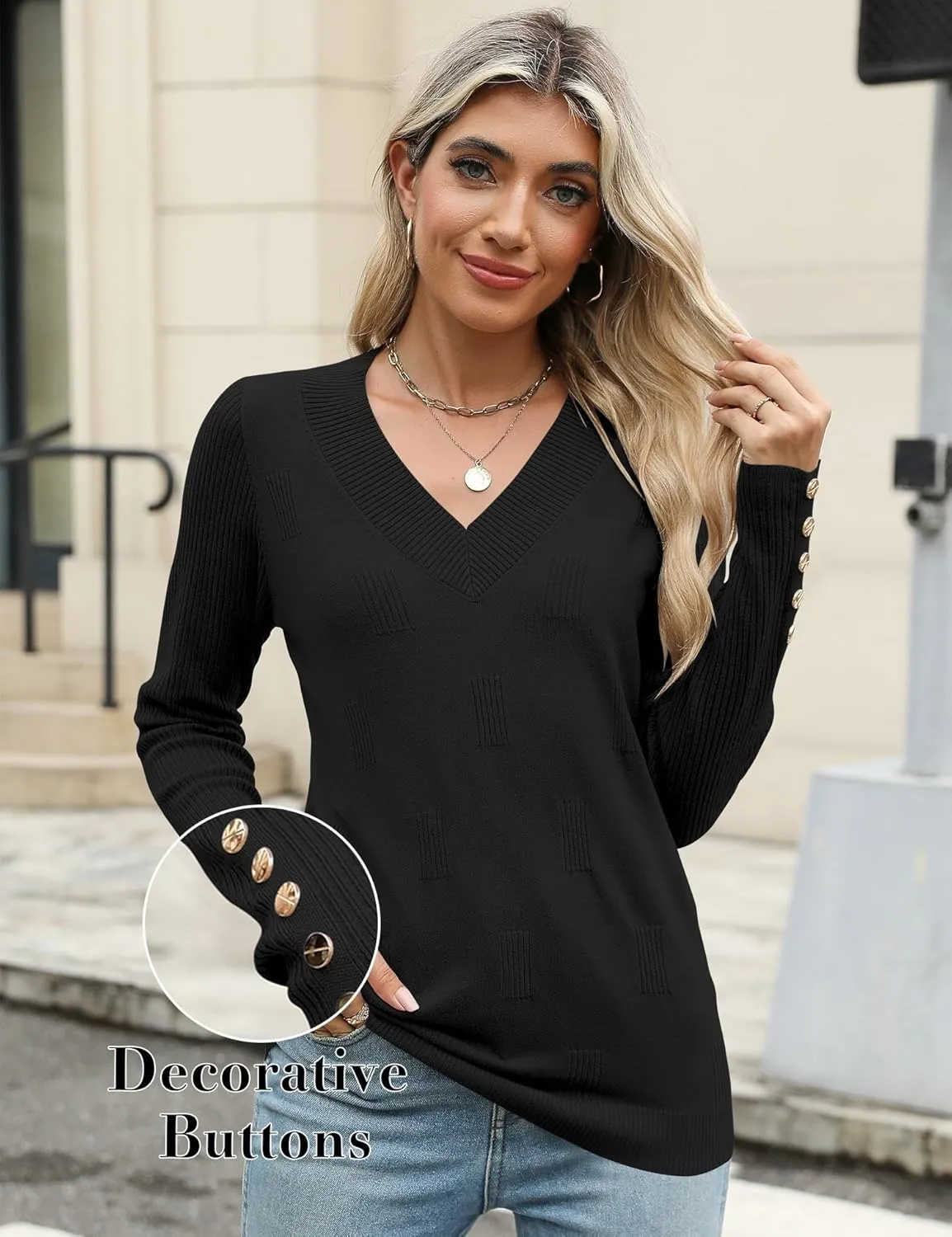 AKEWEI Womens V Neck Sweaters Long Sleeve Lightweight Knit Pullover Tops with Decorative Buttons