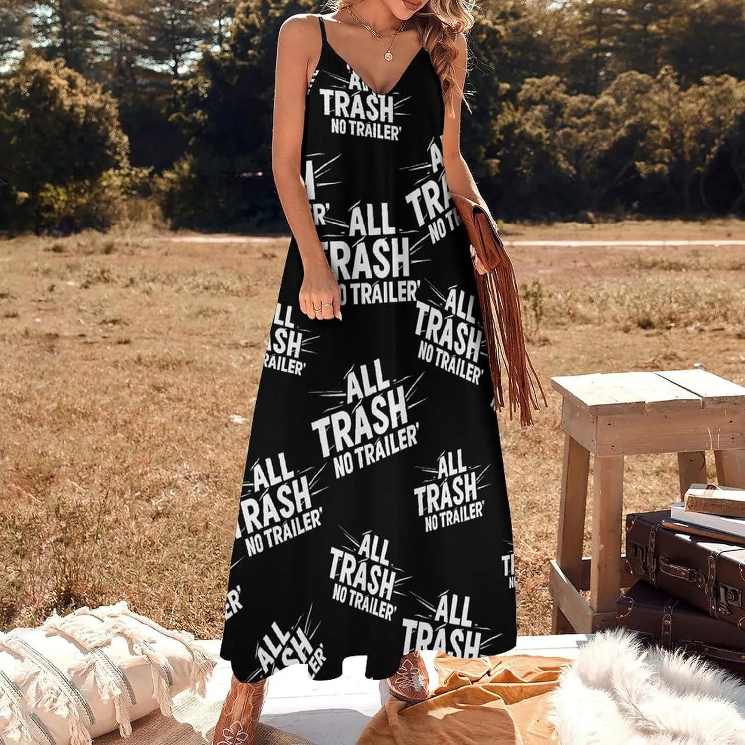 All Trash No Trailer Loose Maxi Summer Dresses for Women V Neck Sundress Long Beach Dress Vacation