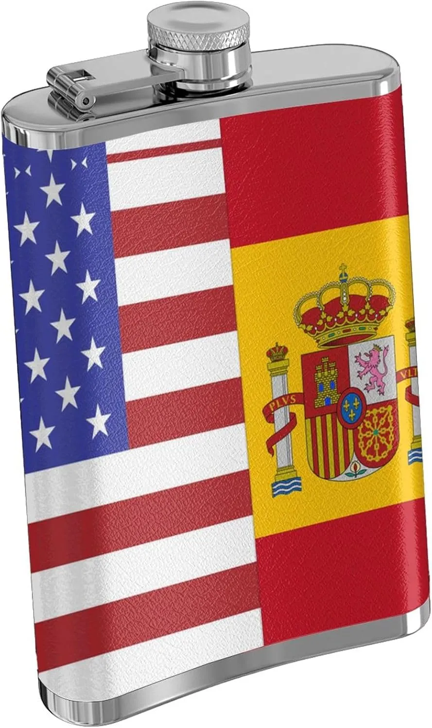 American Spain Flag Portable Stainless Steel Small Flagon, Outdoor Flat Pocket Liquor Flask Wine Pot Hip Flask