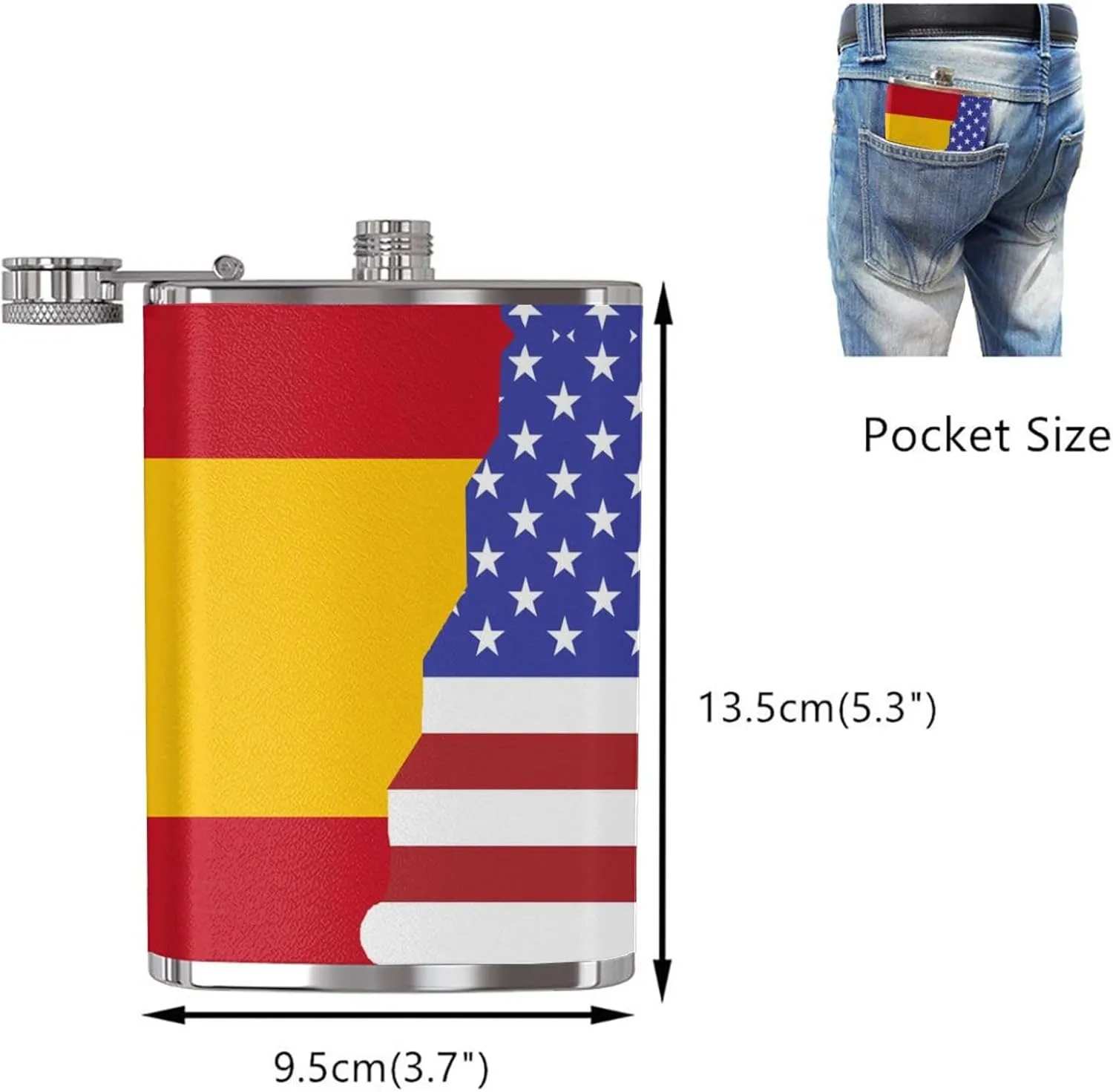 American Spain Flag Portable Stainless Steel Small Flagon, Outdoor Flat Pocket Liquor Flask Wine Pot Hip Flask