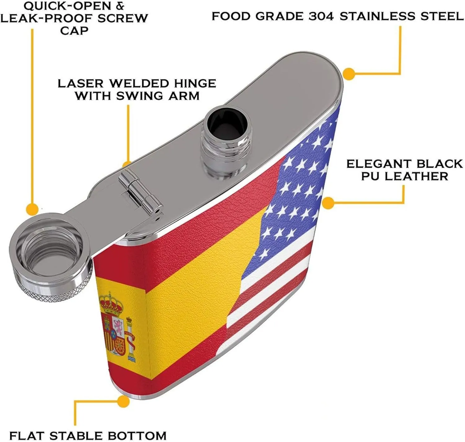 American Spain Flag Portable Stainless Steel Small Flagon, Outdoor Flat Pocket Liquor Flask Wine Pot Hip Flask