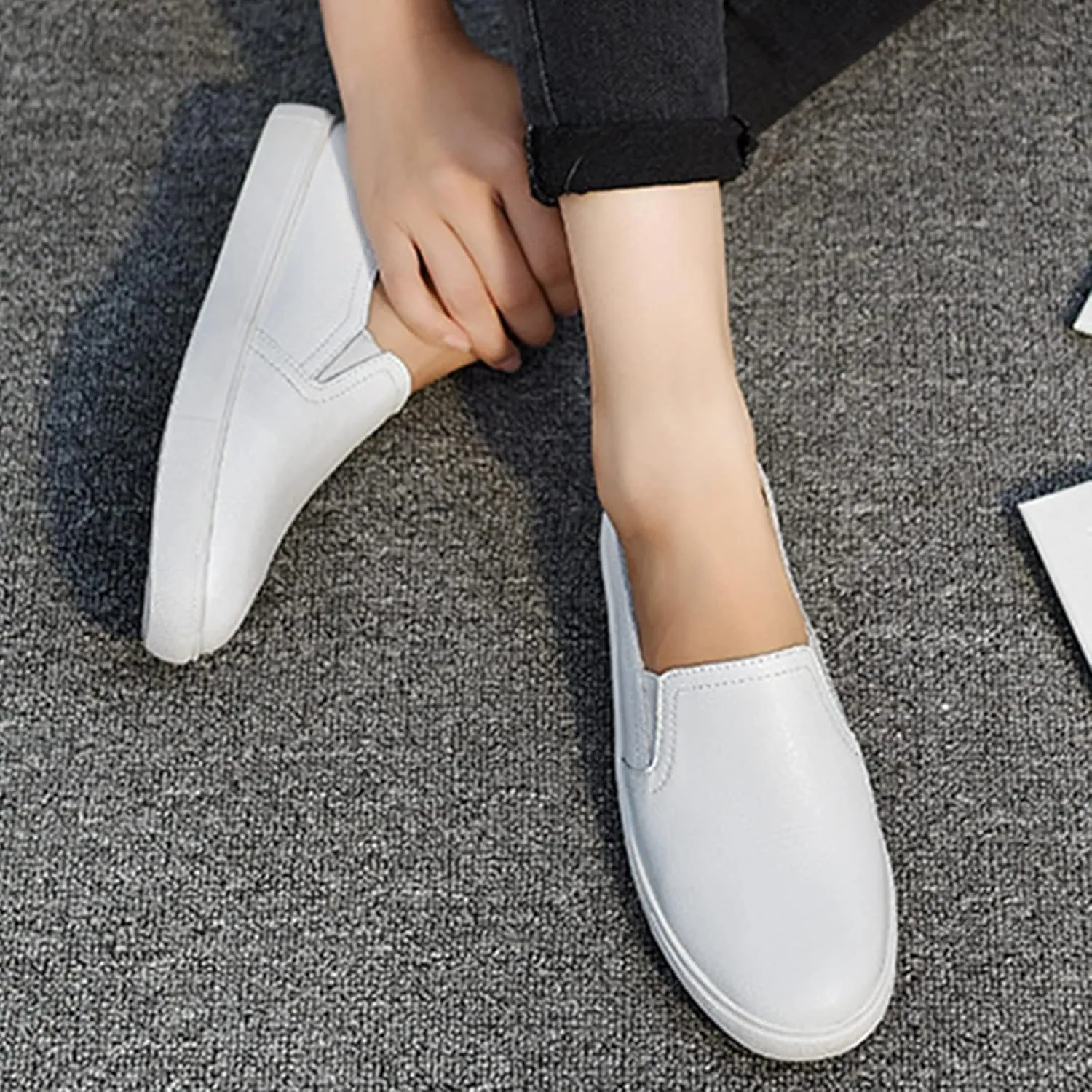 AngryMonkey Women's Leather Slip On Fashion Sneakers,All-Day Comfy Low-Top Non-Slip Softsole Causal Jogging Sports Shoes
