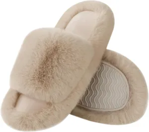 Ankis Women Camel Fuzzy Fluffy Slippers Soft Cozy Plush Memory Foam Slipper Open Toe Bedroom Comfy Platform Slippers for Womens