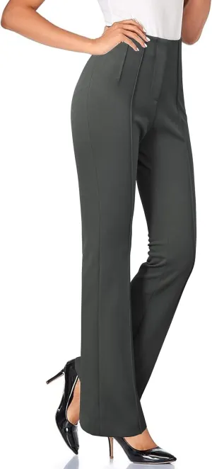 Arach&Cloz 2025 Women's Lightweight Business Casual Work Pants Stretch Wrinkle Free Bootcut Pleated Flared Leg Dress Pants