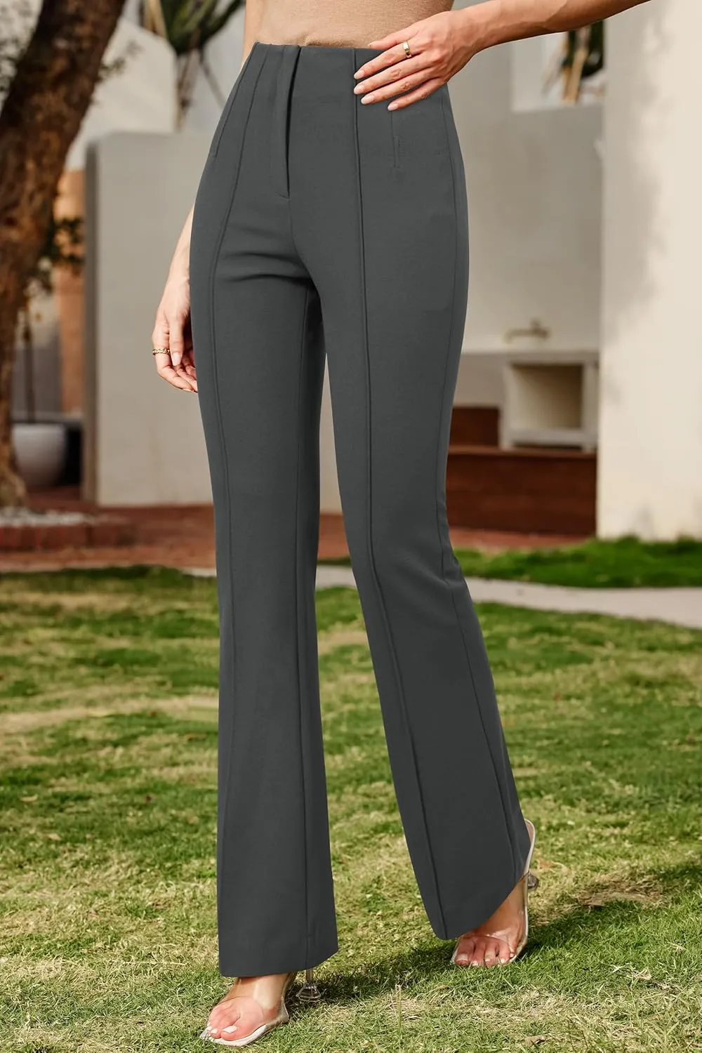 Arach&Cloz 2025 Women's Lightweight Business Casual Work Pants Stretch Wrinkle Free Bootcut Pleated Flared Leg Dress Pants