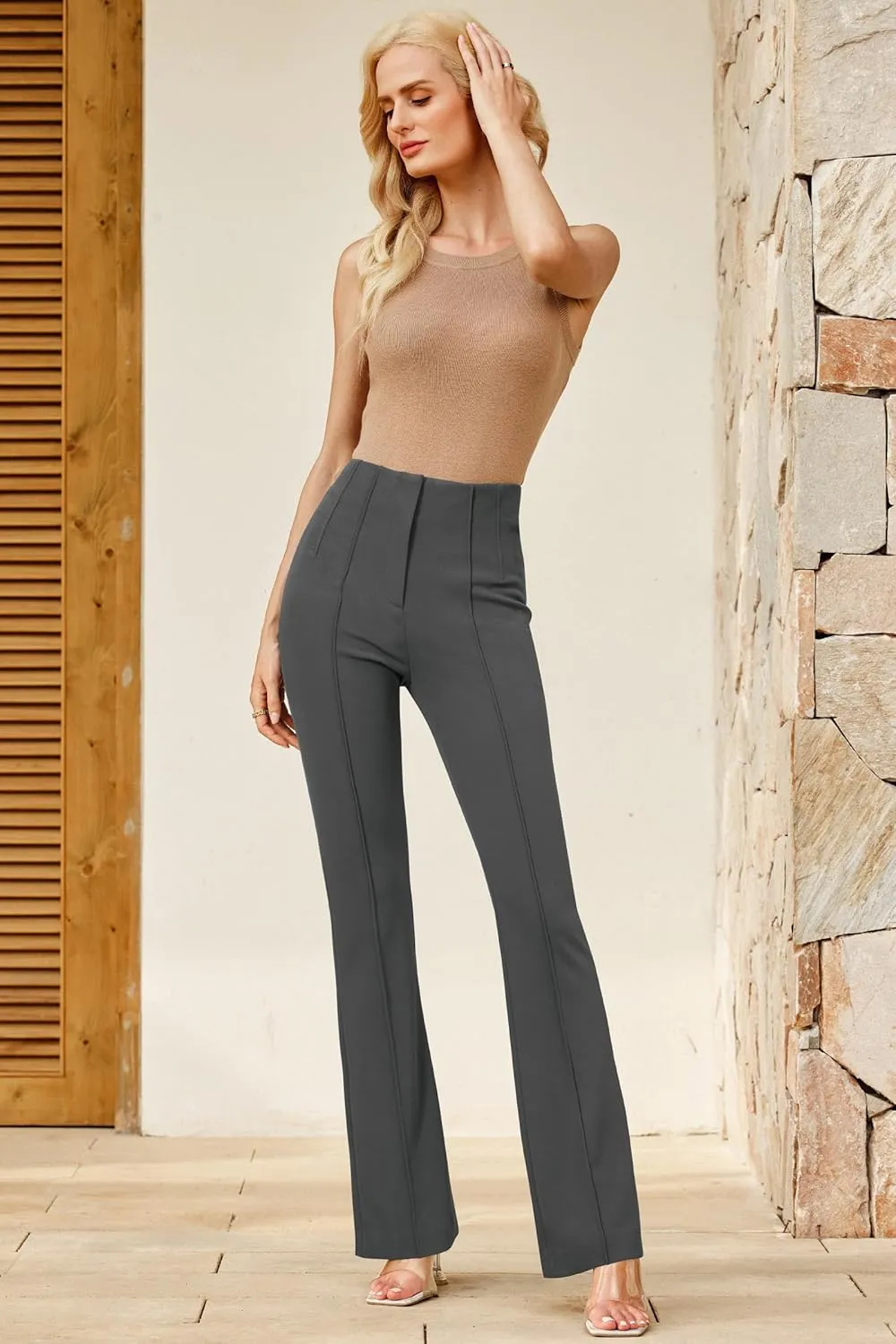 Arach&Cloz 2025 Women's Lightweight Business Casual Work Pants Stretch Wrinkle Free Bootcut Pleated Flared Leg Dress Pants