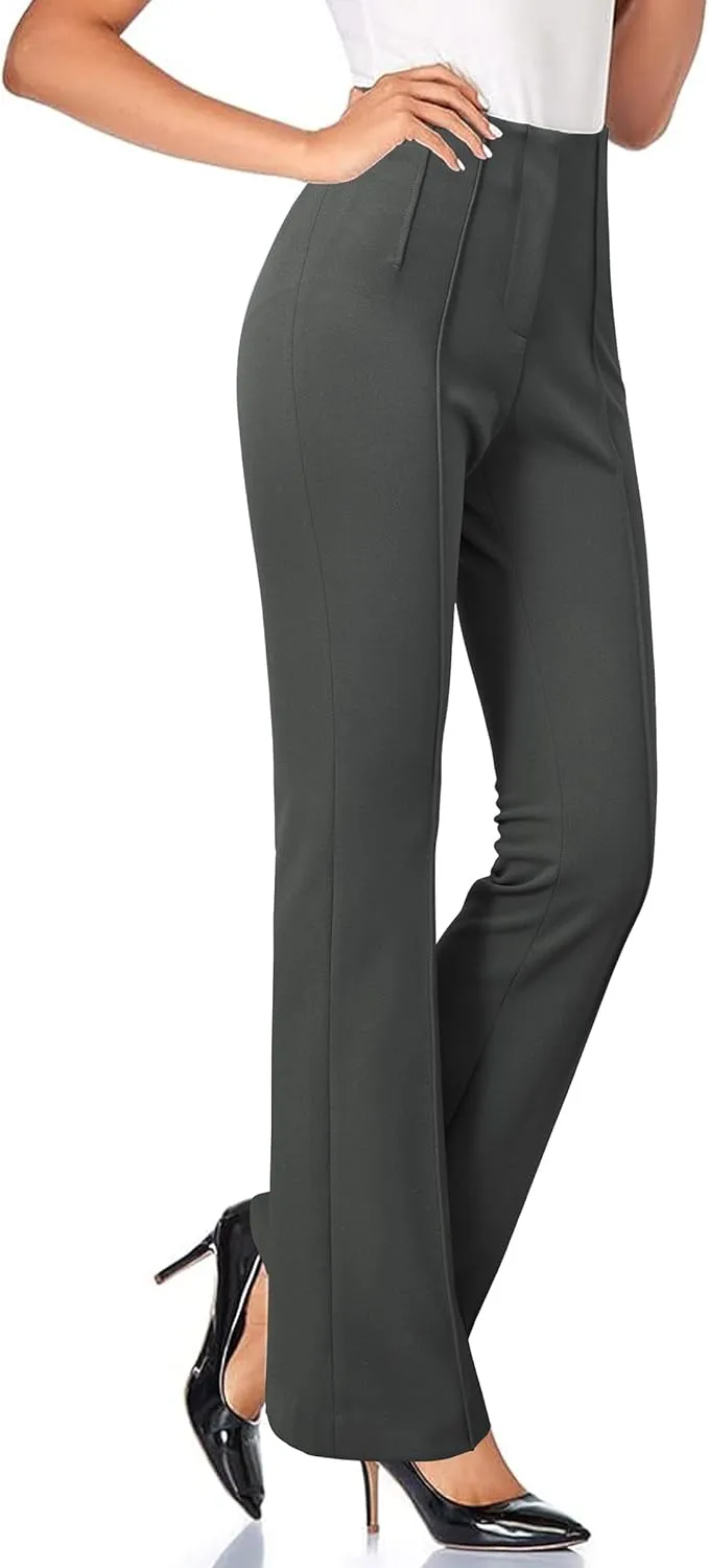 Arach&Cloz 2025 Women's Lightweight Business Casual Work Pants Stretch Wrinkle Free Bootcut Pleated Flared Leg Dress Pants