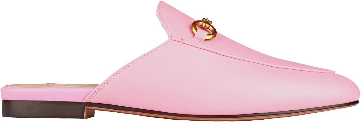 Arqa Mules for Women Almond Toe Leather Flats Slip-on Comfort Backless Loafers Buckle Mule Shoes
