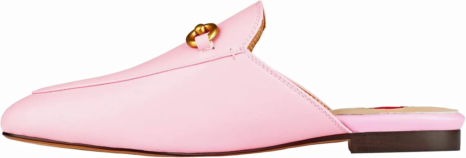 Arqa Mules for Women Almond Toe Leather Flats Slip-on Comfort Backless Loafers Buckle Mule Shoes