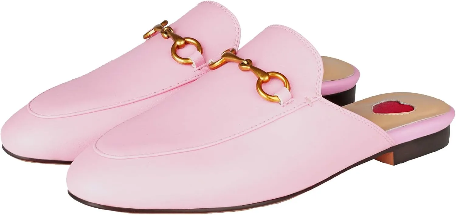 Arqa Mules for Women Almond Toe Leather Flats Slip-on Comfort Backless Loafers Buckle Mule Shoes