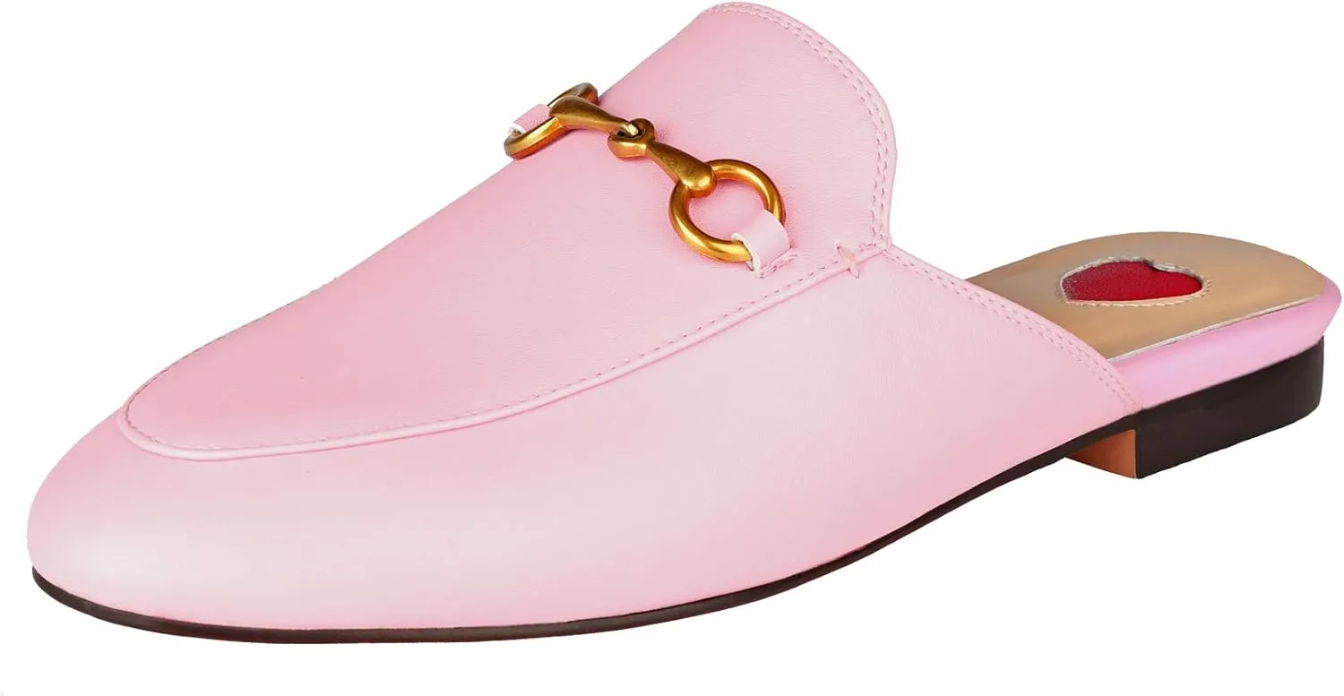 Arqa Mules for Women Almond Toe Leather Flats Slip-on Comfort Backless Loafers Buckle Mule Shoes