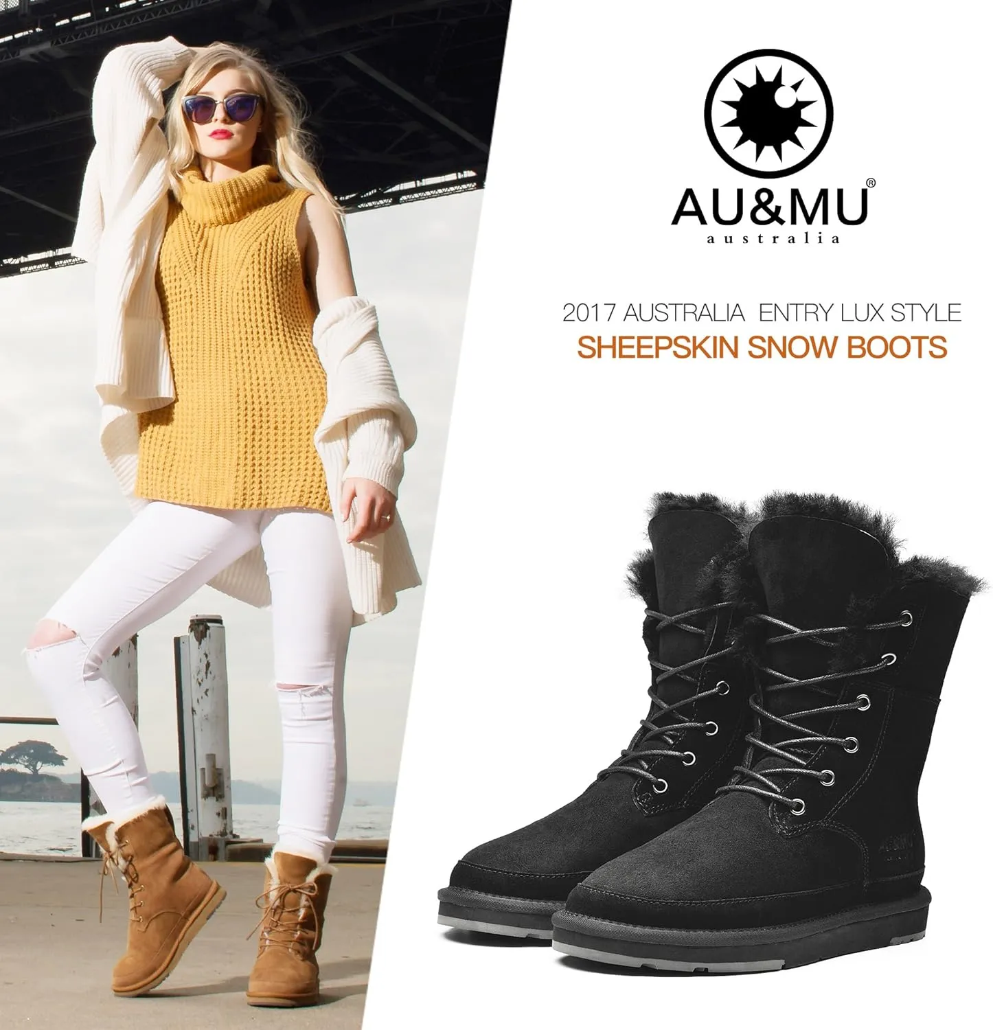AU&MU Aumu Womens Shearling Leather Sheepskin Classic Lace up Mid Calf Flat Fur Winter Snow Boots…
