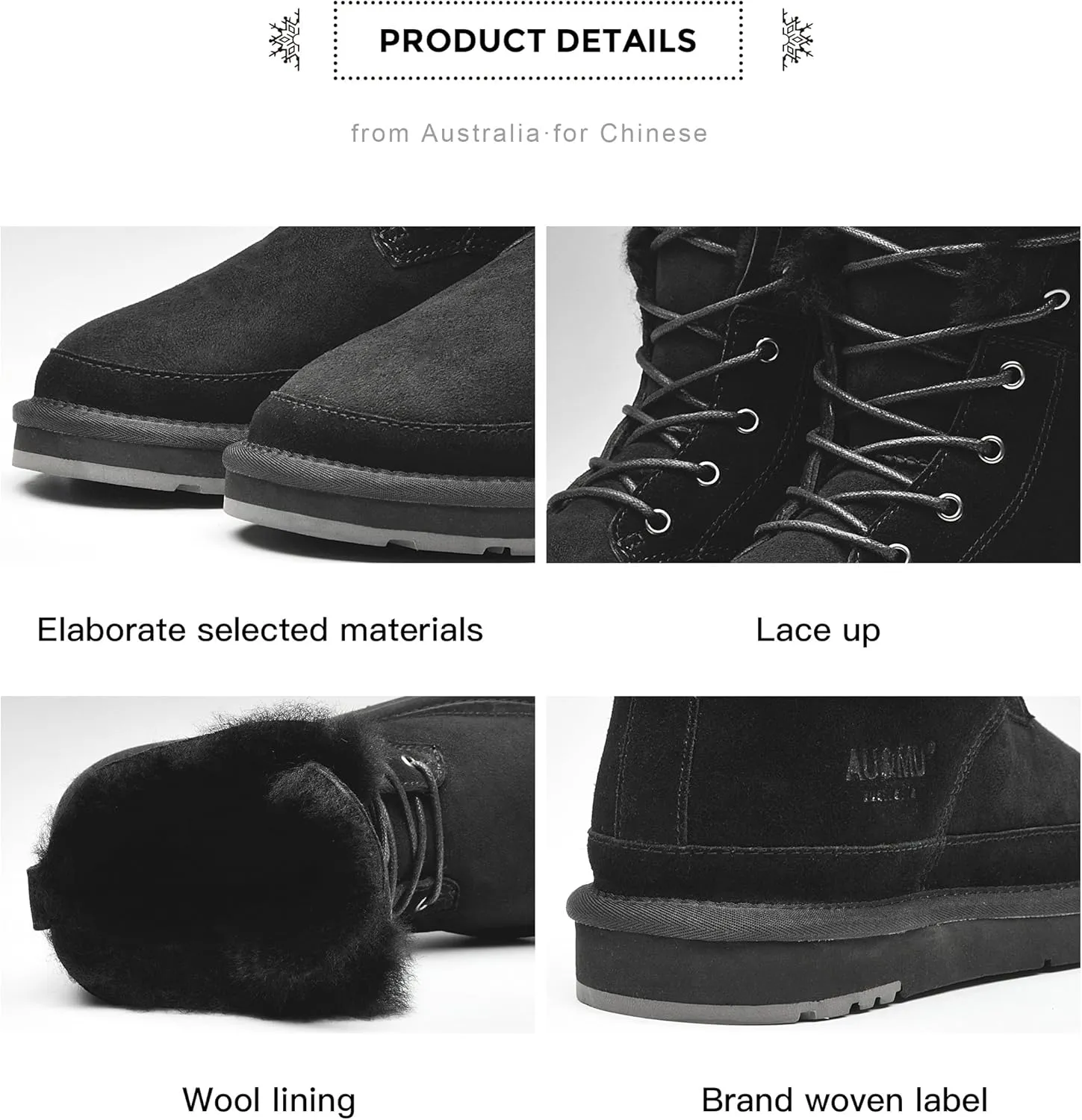 AU&MU Aumu Womens Shearling Leather Sheepskin Classic Lace up Mid Calf Flat Fur Winter Snow Boots…