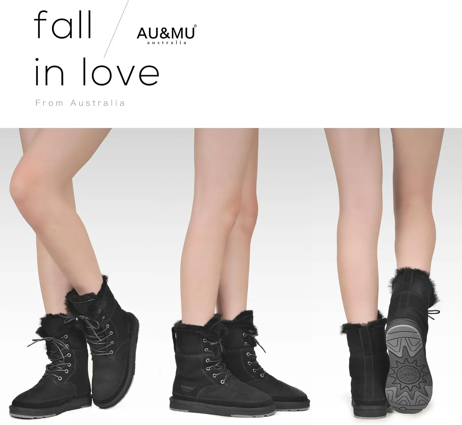 AU&MU Aumu Womens Shearling Leather Sheepskin Classic Lace up Mid Calf Flat Fur Winter Snow Boots…