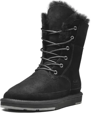 AU&MU Aumu Womens Shearling Leather Sheepskin Classic Lace up Mid Calf Flat Fur Winter Snow Boots…