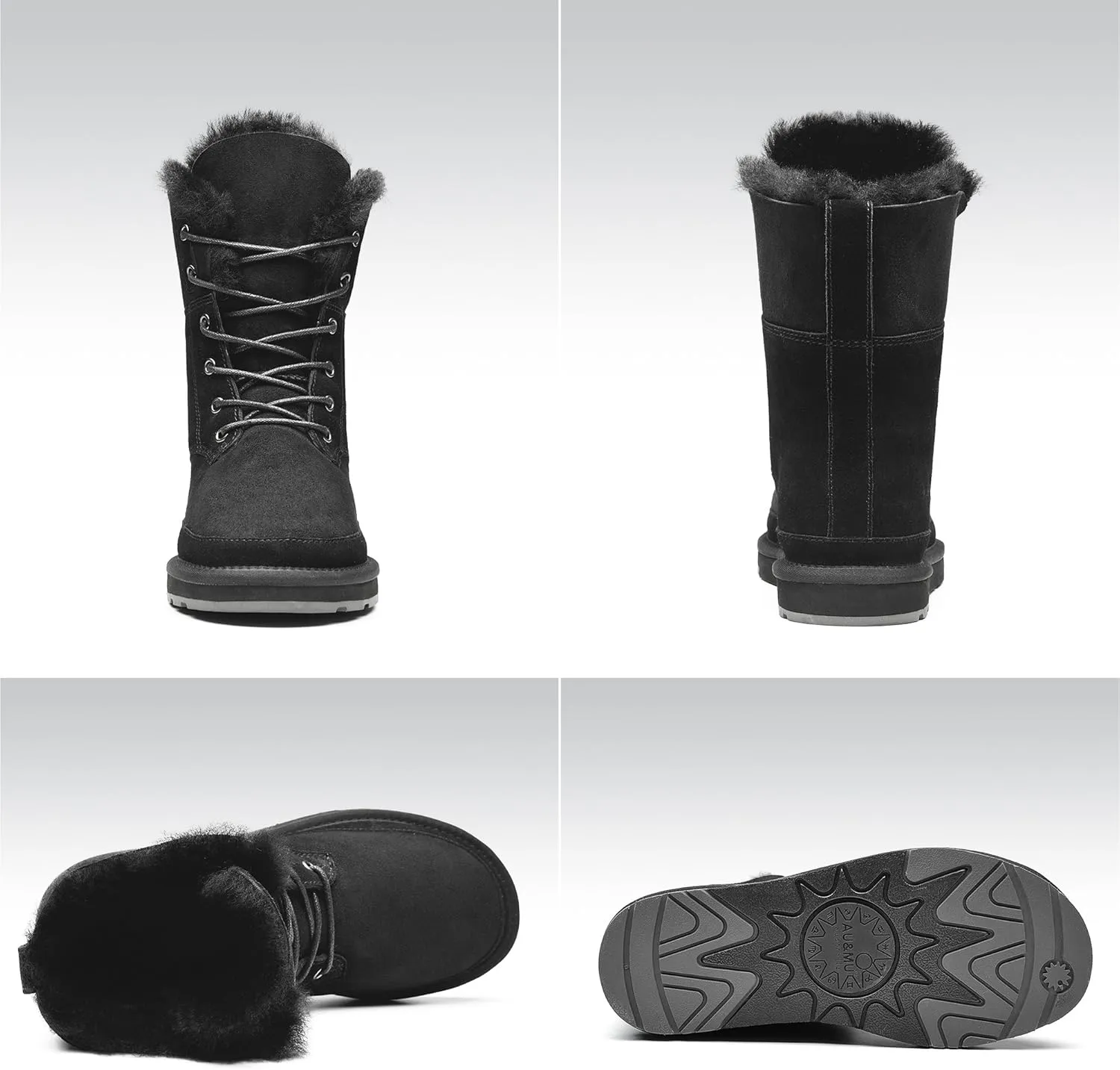 AU&MU Aumu Womens Shearling Leather Sheepskin Classic Lace up Mid Calf Flat Fur Winter Snow Boots…