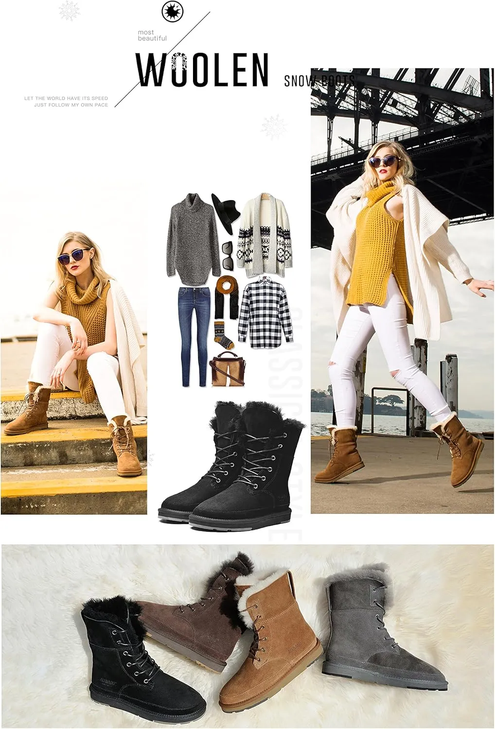 AU&MU Aumu Womens Shearling Leather Sheepskin Classic Lace up Mid Calf Flat Fur Winter Snow Boots…