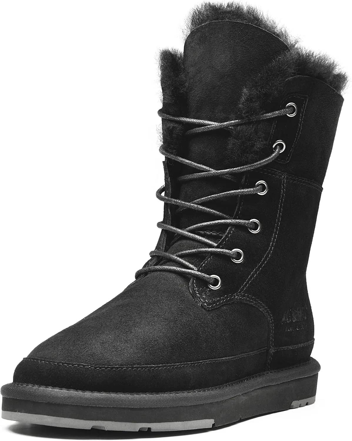 AU&MU Aumu Womens Shearling Leather Sheepskin Classic Lace up Mid Calf Flat Fur Winter Snow Boots…