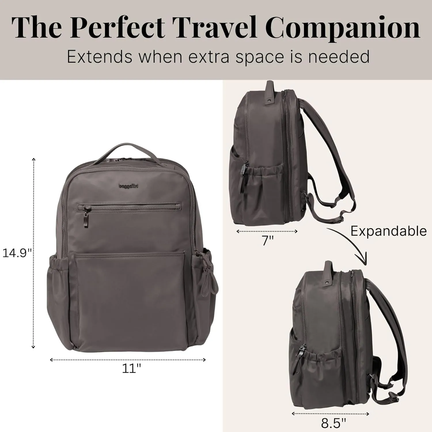 Baggallini Tribeca Expandable Laptop Backpack - 15"x11" Lightweight Work Travel Bag w/Luggage Sleeve & RFID