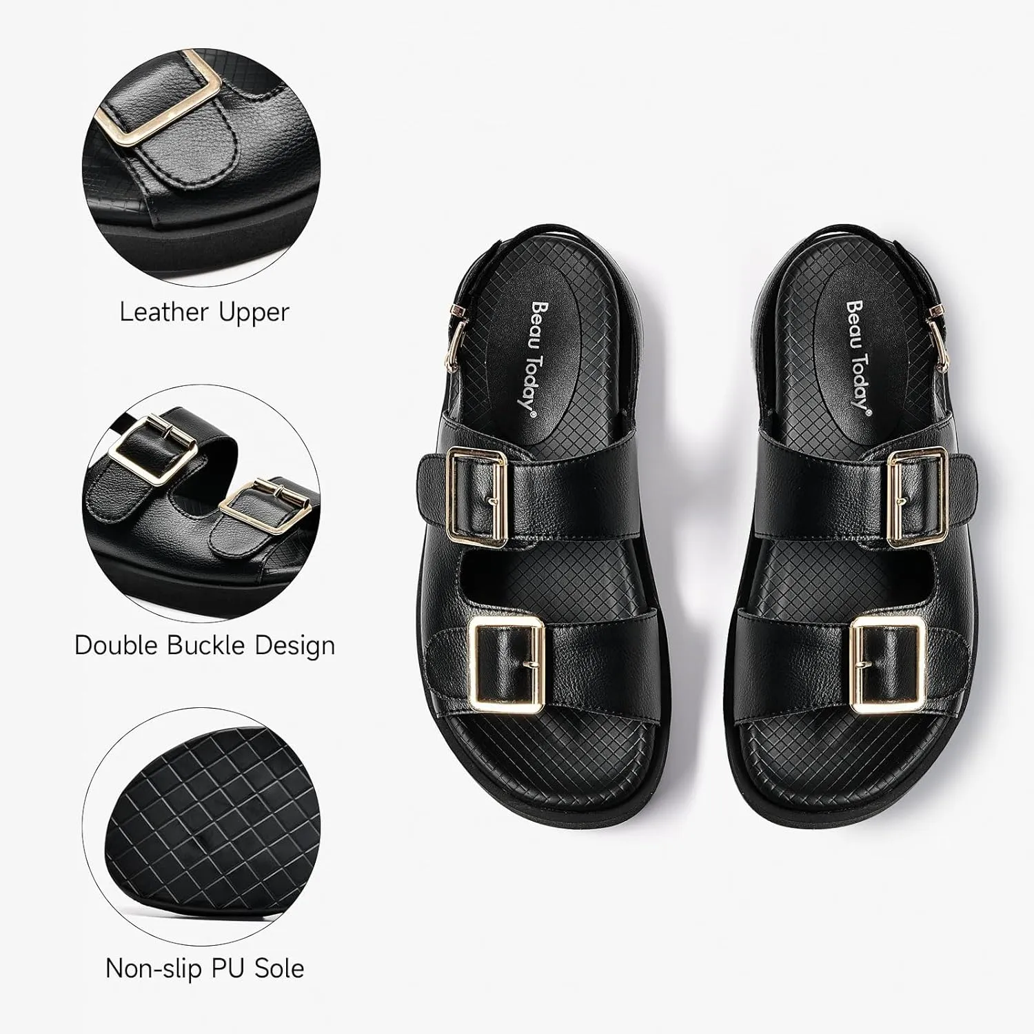 BEAU TODAY Flat Sandals for Women, Casual Leather Walking Sandals, Wide Adjustable Footbed Sandal with Back Strap, Comfortable Open Toe Dressy Summer Beach Sandal for Vacation Hiking