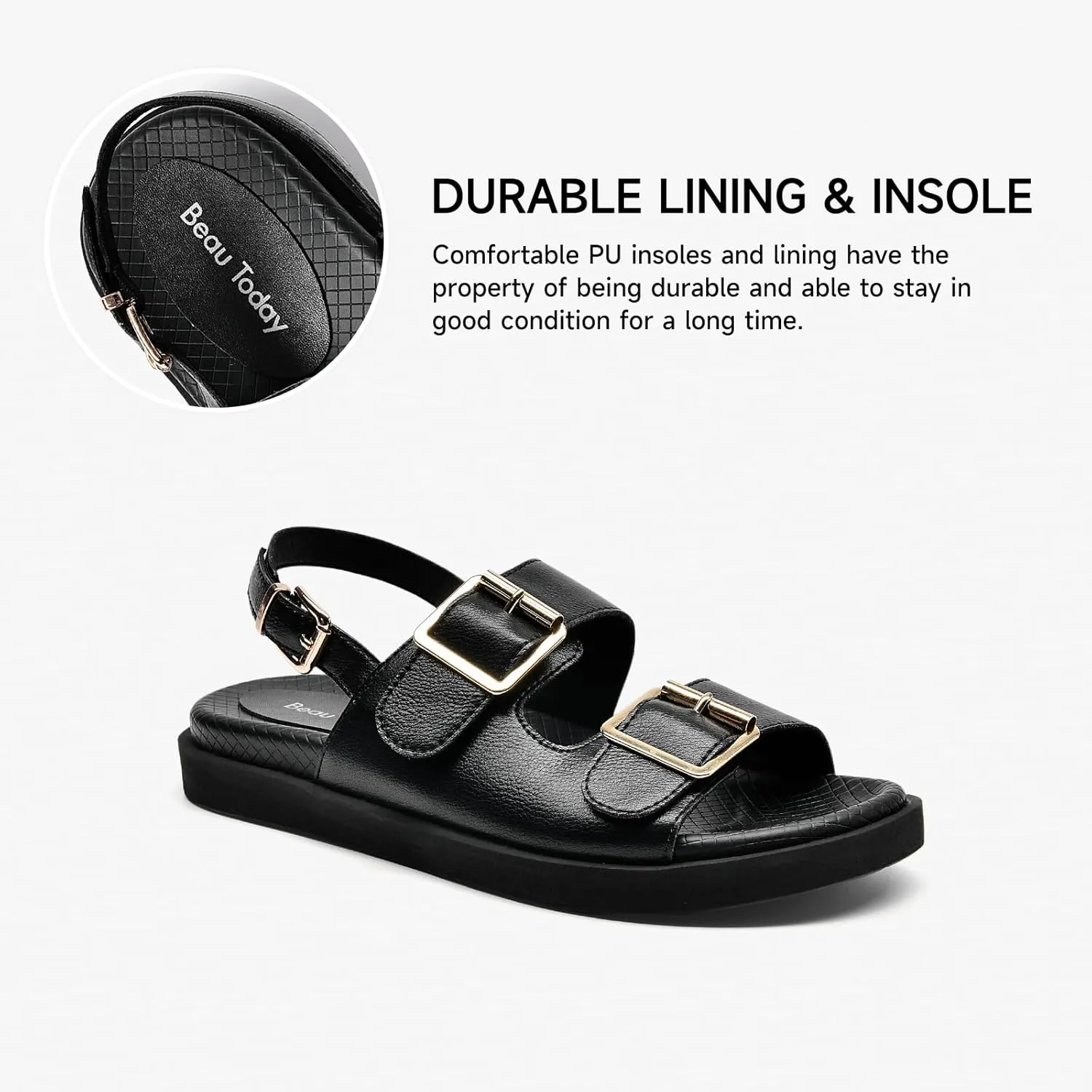 BEAU TODAY Flat Sandals for Women, Casual Leather Walking Sandals, Wide Adjustable Footbed Sandal with Back Strap, Comfortable Open Toe Dressy Summer Beach Sandal for Vacation Hiking