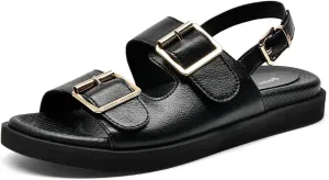 BEAU TODAY Flat Sandals for Women, Casual Leather Walking Sandals, Wide Adjustable Footbed Sandal with Back Strap, Comfortable Open Toe Dressy Summer Beach Sandal for Vacation Hiking