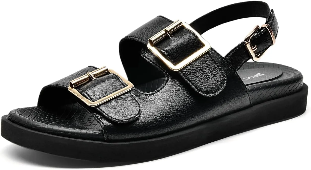 BEAU TODAY Flat Sandals for Women, Casual Leather Walking Sandals, Wide Adjustable Footbed Sandal with Back Strap, Comfortable Open Toe Dressy Summer Beach Sandal for Vacation Hiking