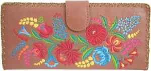 Beautiful Spanish Floral Embroidered Colorful Festive Faux Leather large flat wallet (Brown)