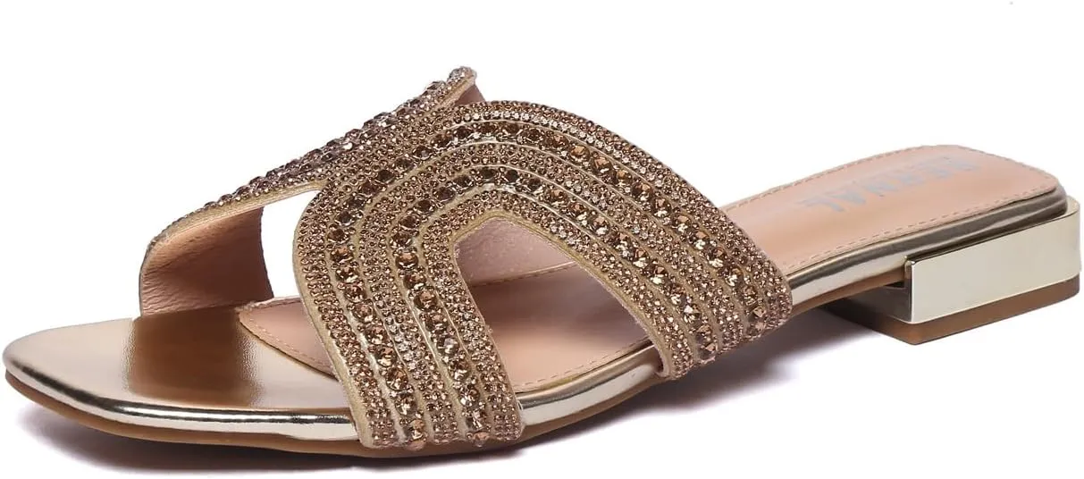 Bernal Women Sparkle Rhinestone Slide Sandals Fashion Outdoor Slip On H-Band Flat Slippers Summer Beach Sandals