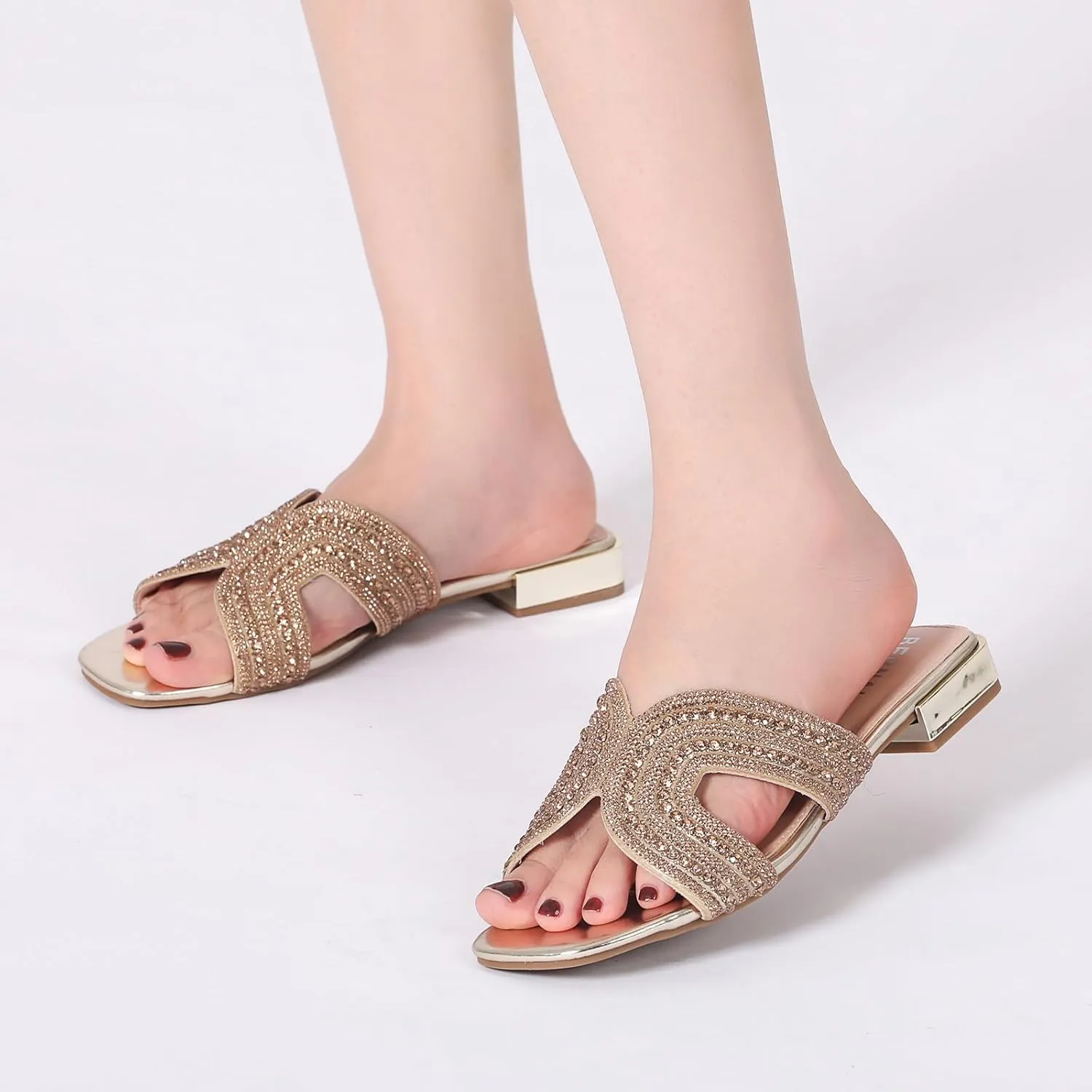 Bernal Women Sparkle Rhinestone Slide Sandals Fashion Outdoor Slip On H-Band Flat Slippers Summer Beach Sandals