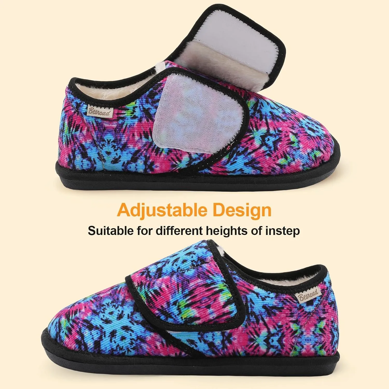 Besroad Womens Furry Memory Foam House Slippers Wide Diabetic Shoes Adjustable Bedroom Slippers Arthritis Edema Swollen House Shoes Indoor Outdoor