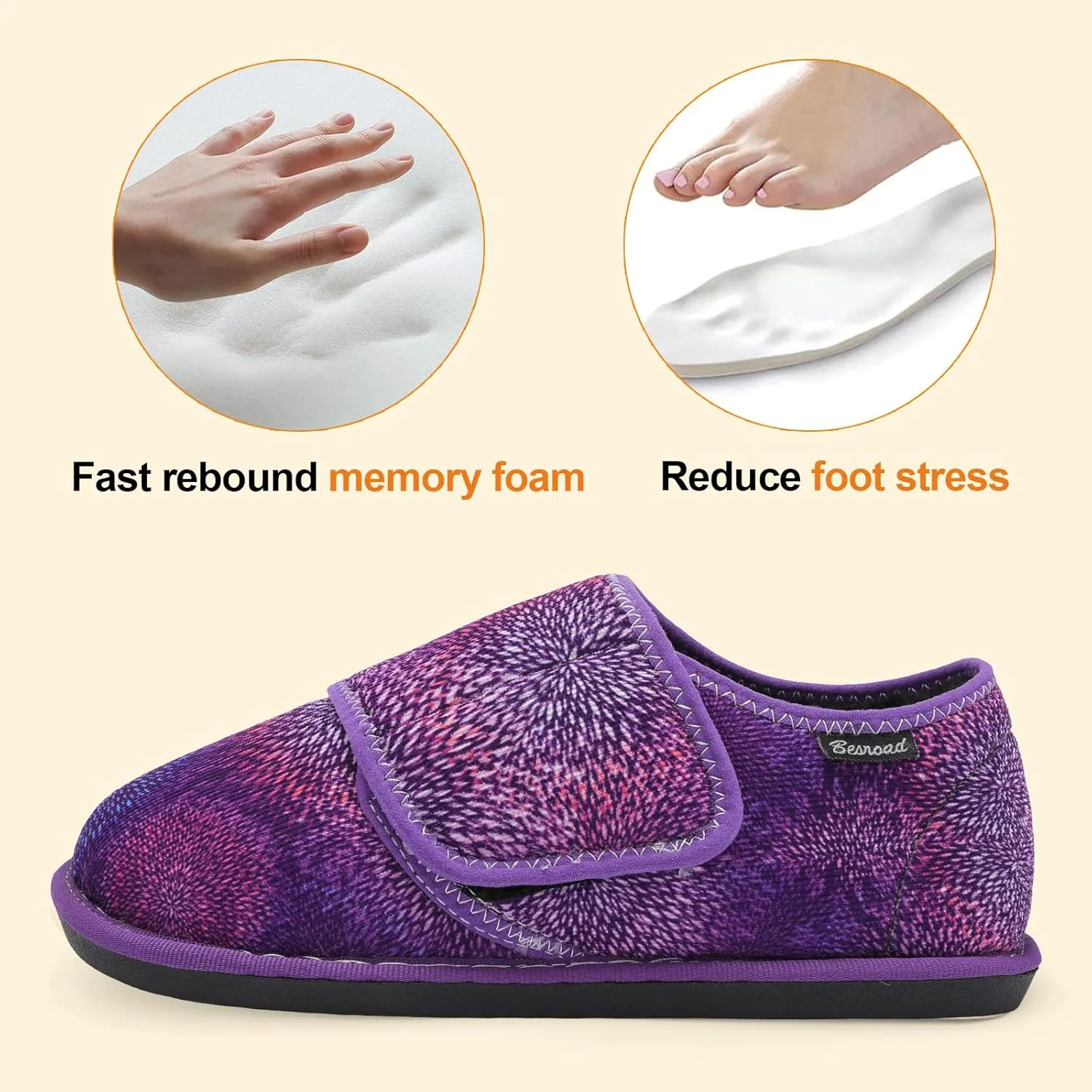 Besroad Womens Furry Memory Foam House Slippers Wide Diabetic Shoes Adjustable Bedroom Slippers Arthritis Edema Swollen House Shoes Indoor Outdoor